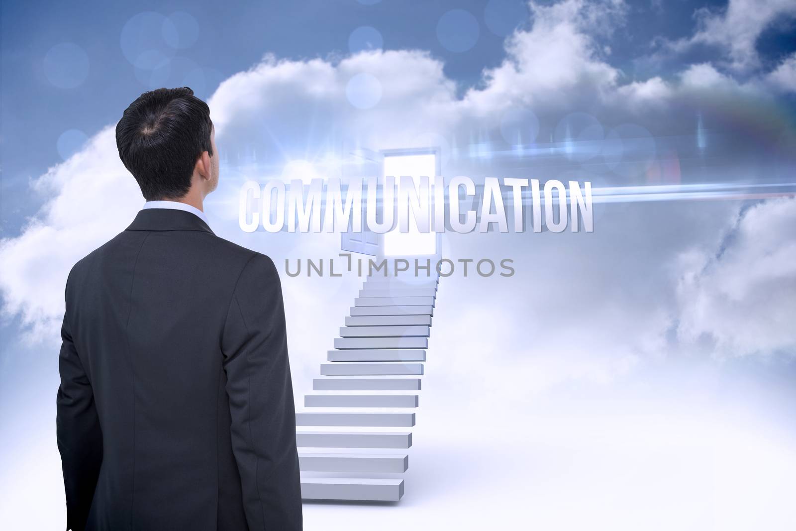 The word communication and asian businessman against open door at top of stairs in the sky