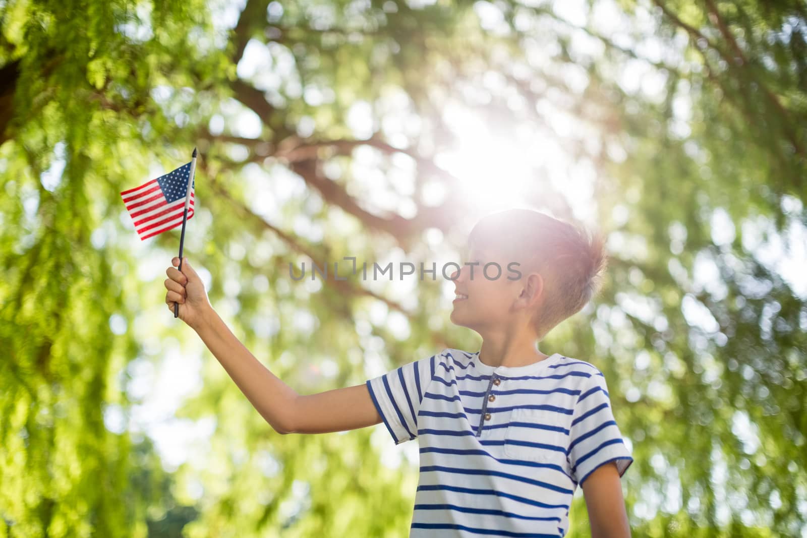 Boy holding small american flag in park by Wavebreakmedia