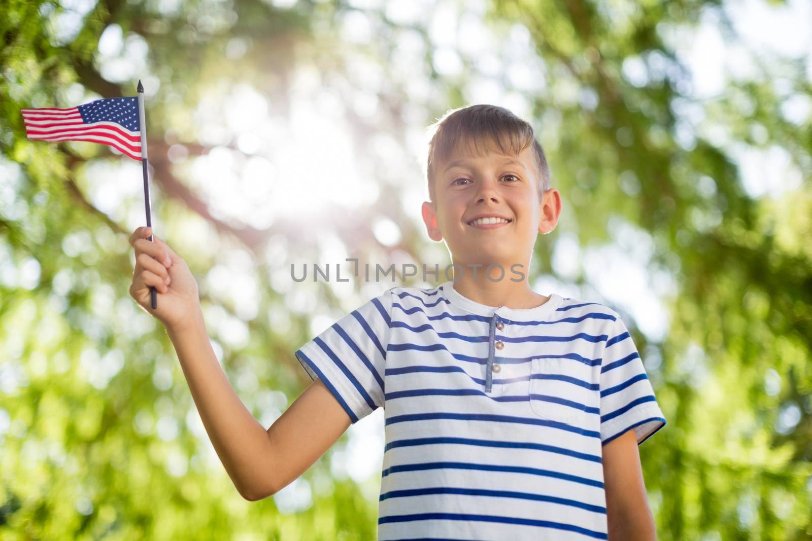 Boy holding small american flag in a park