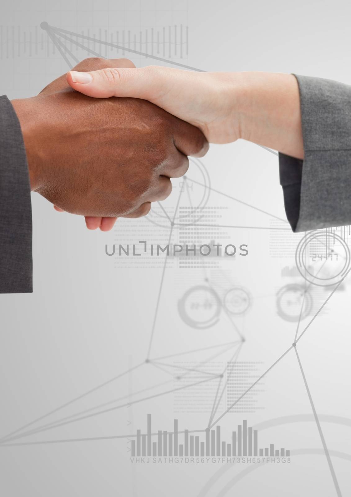 DIgital composite image of business professionals shaking hands against technology Background