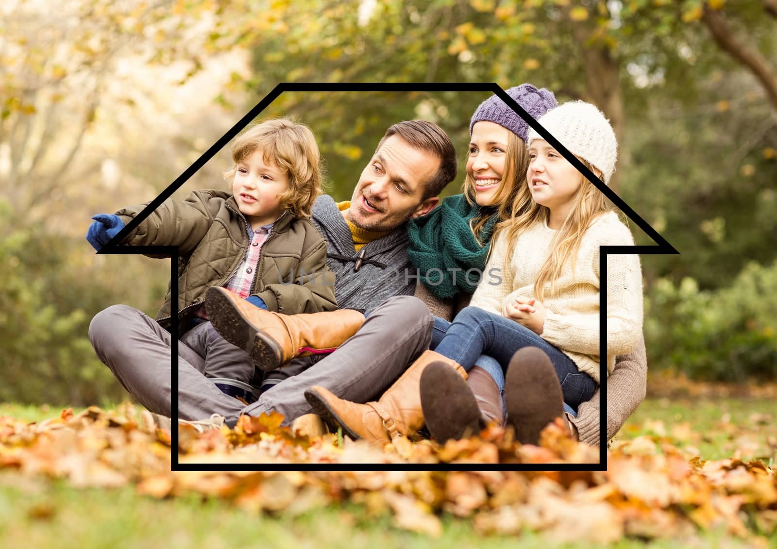 Digital composition of family sitting outdoors against house outline in background