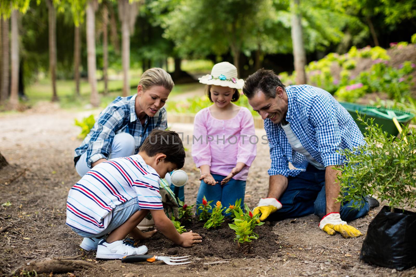 Happy family gardening together in garden