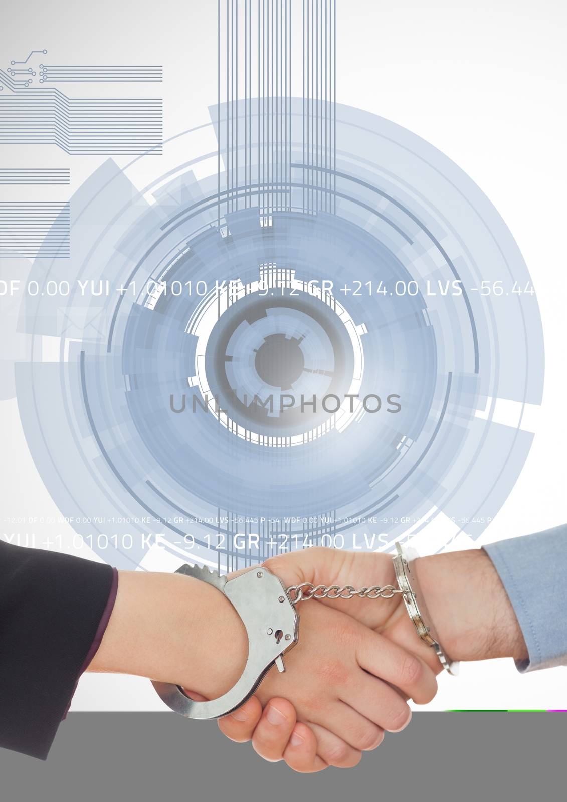 Digital composite image of business professionals shaking hands with handcuff against technology background