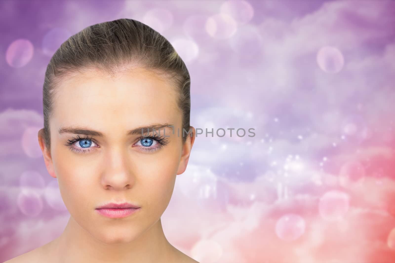 Serious blonde natural beauty against pink and purple girly design