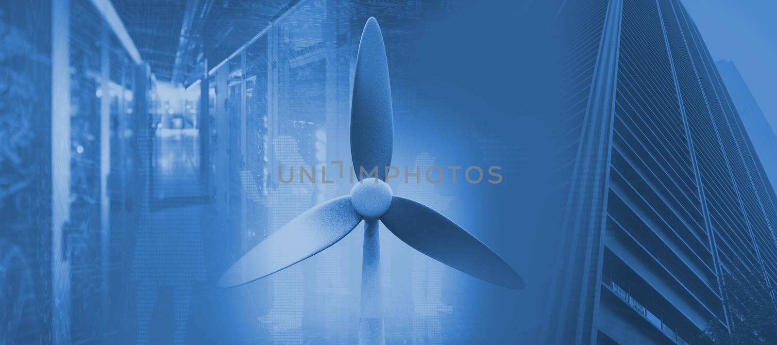 Wind mill against view of data technology 3d