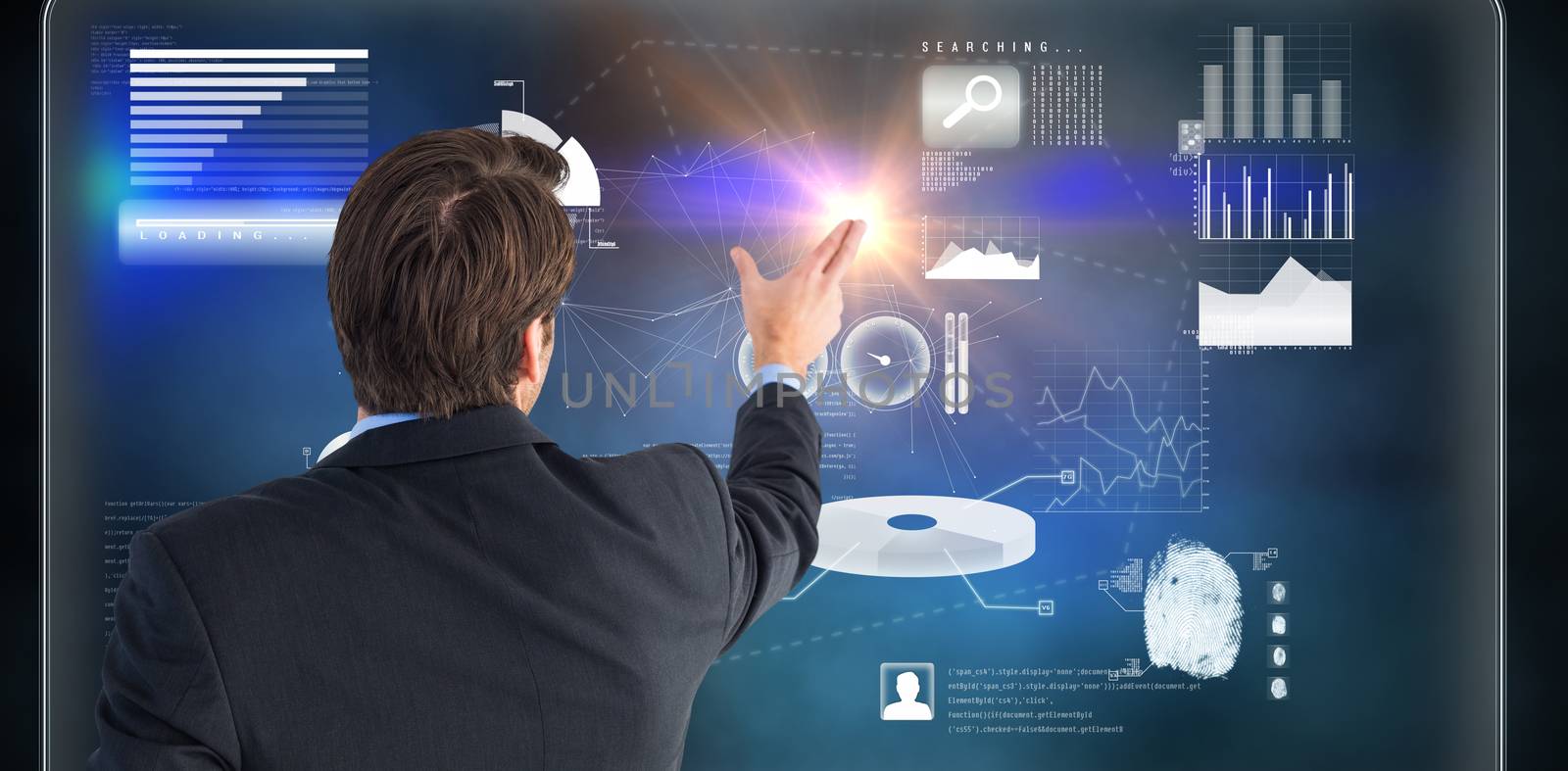 Rear view of young businessman in suit pointing against futuristic technology interface