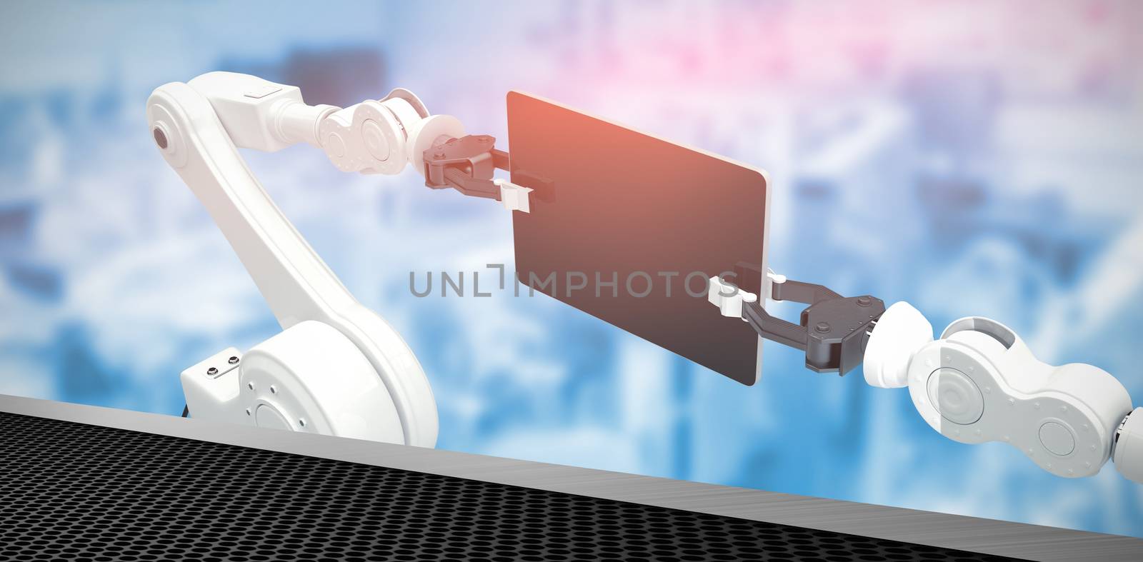 Digital generated image of robots holding computer tablet against black metal texture 3d