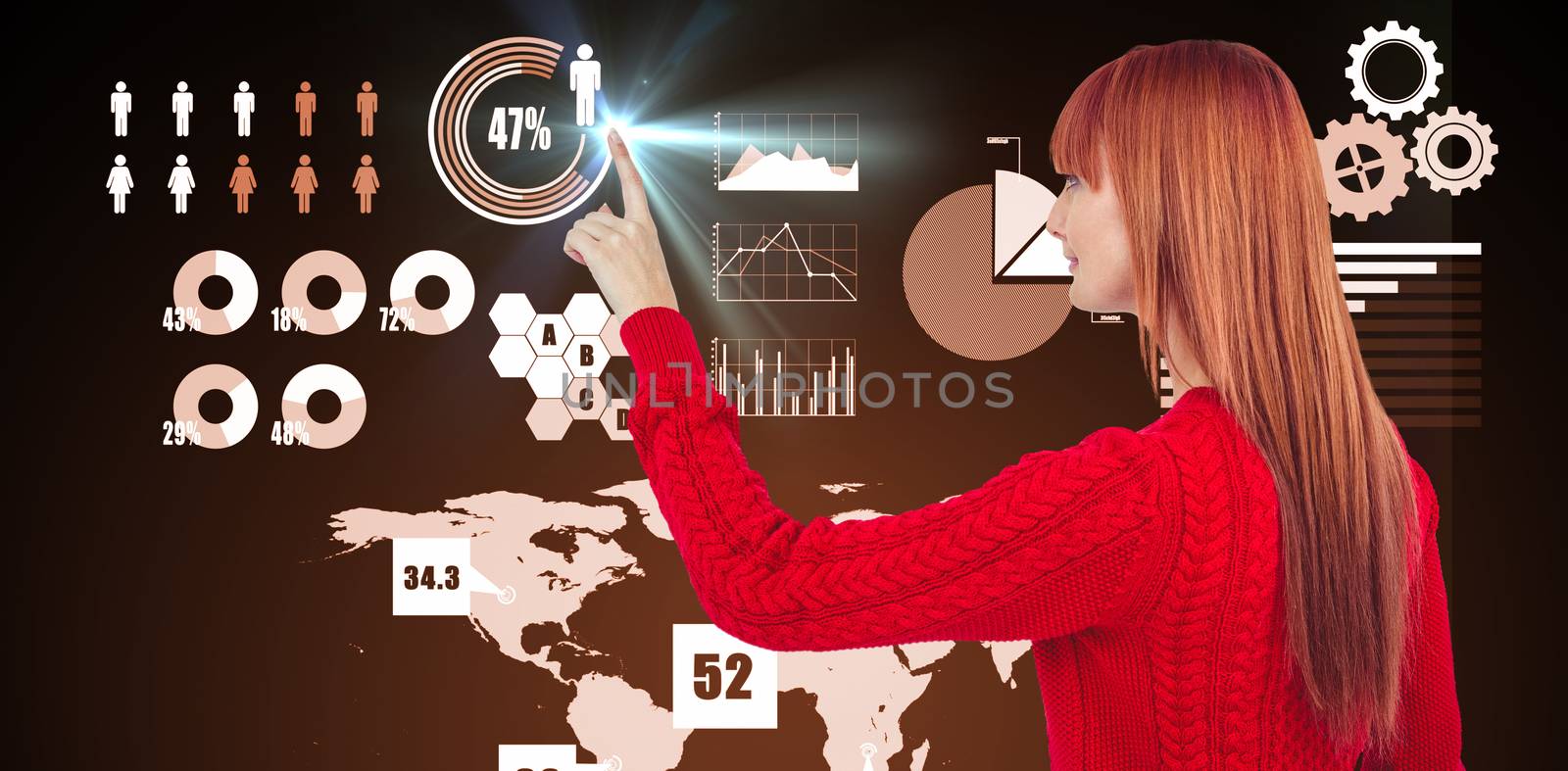 Smiling hipster woman pointing something against futuristic technology interface