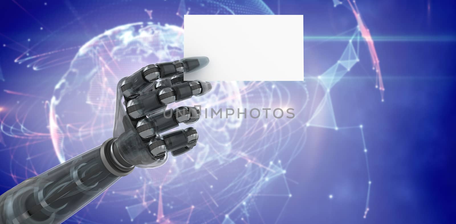 Digitally generated robotic arm holding blank placard against global technology background in blue 3d