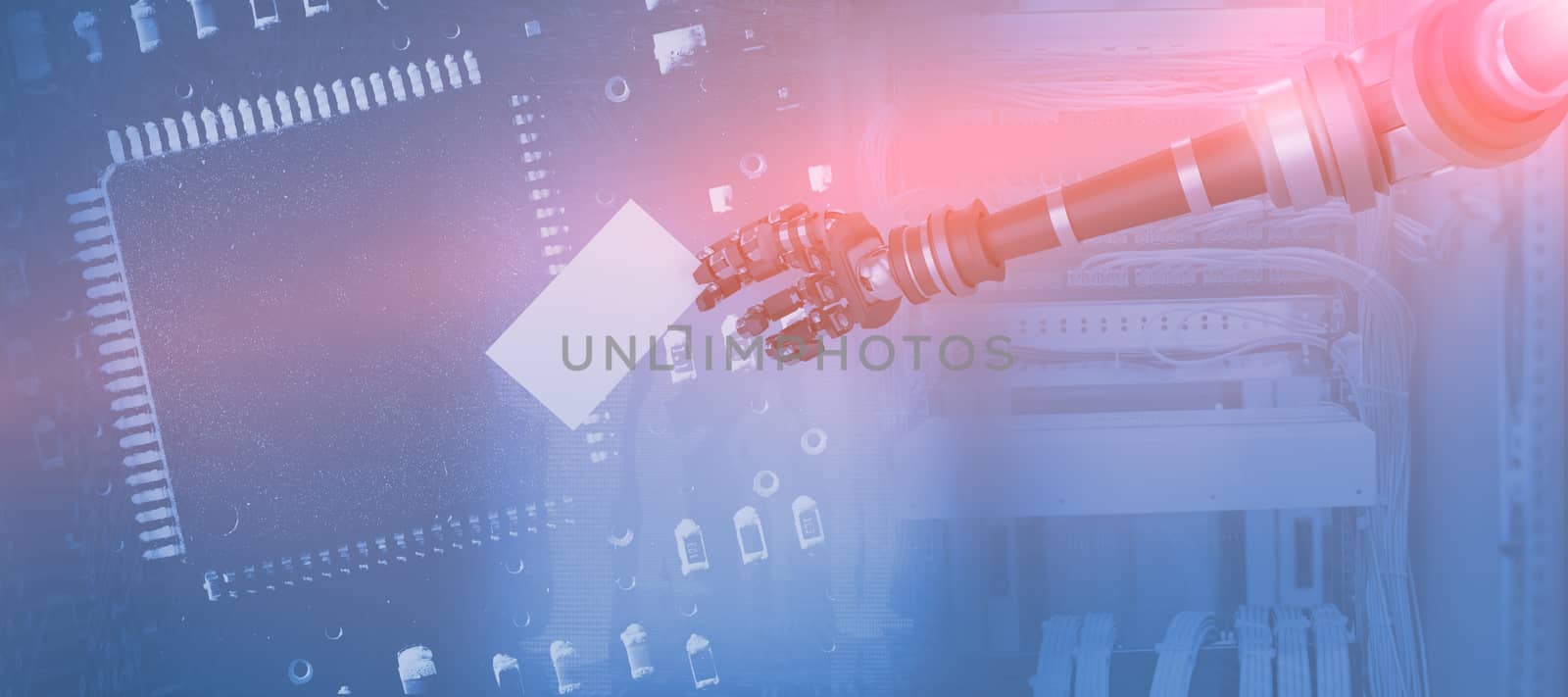 Composite image of digital composite image of robotic arm holding white placard 3d by Wavebreakmedia