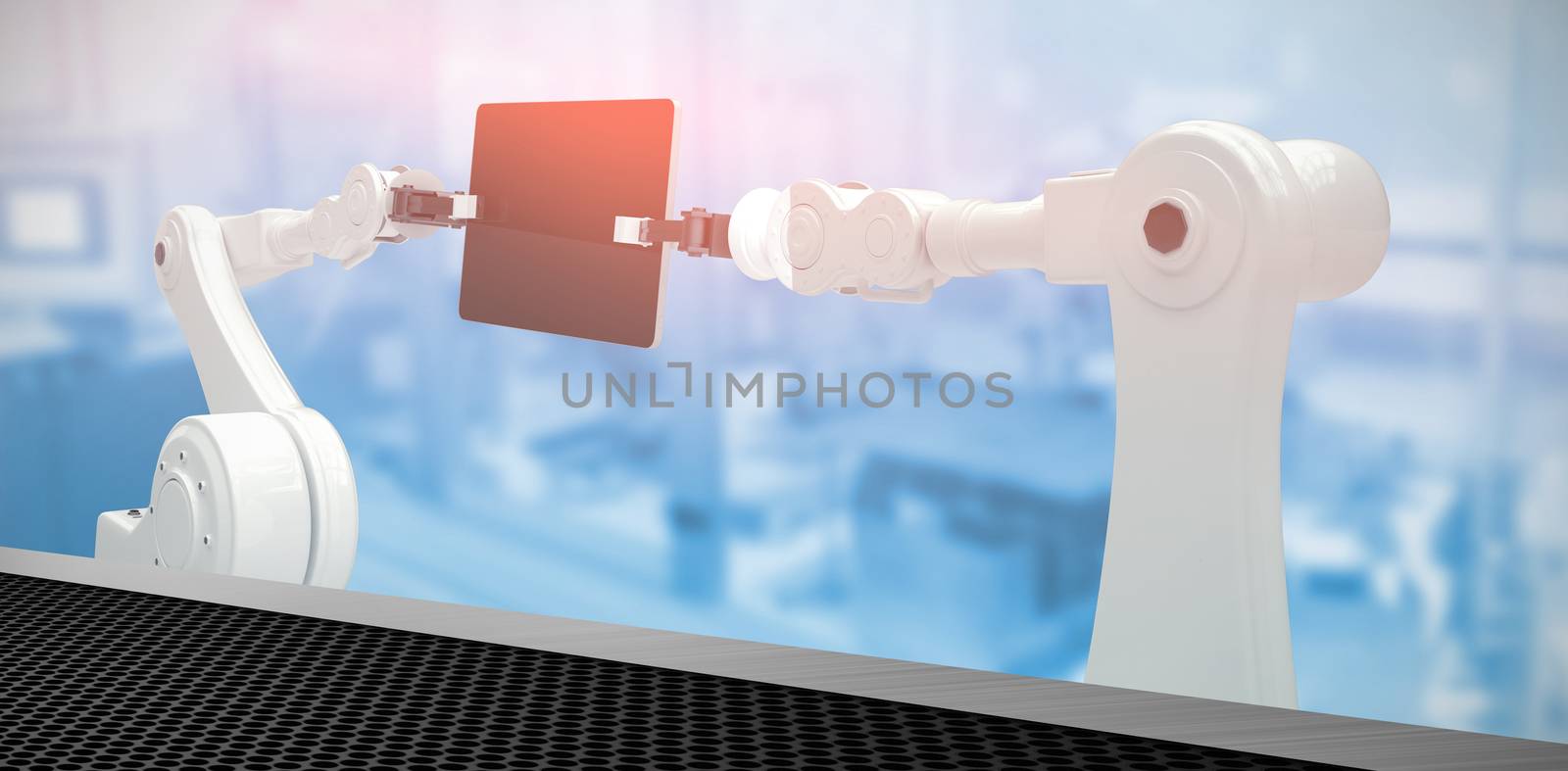 Digital composite image of robots and digital tablet against black metal texture 3d
