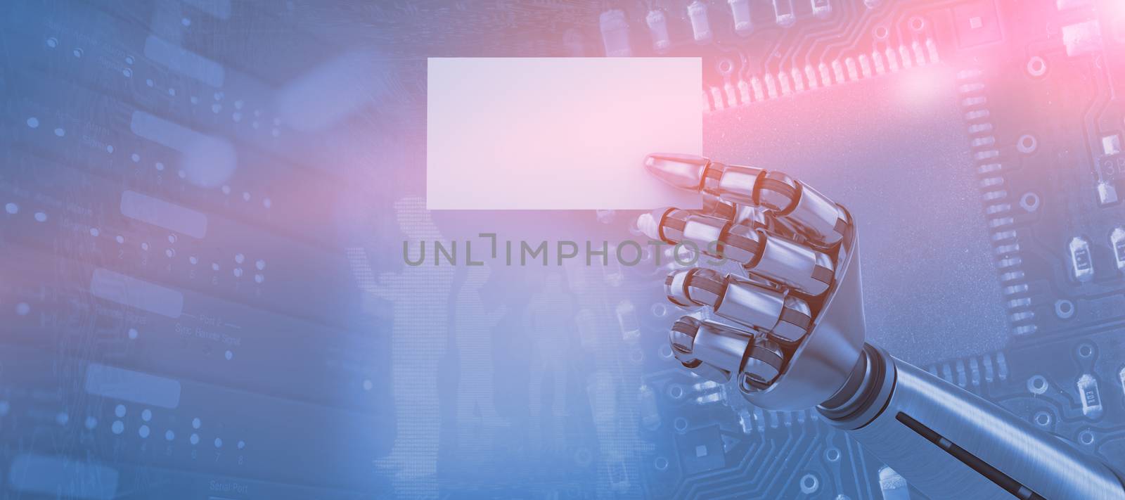 Composite image of robotic arm holding white placard against view of data technology 3d