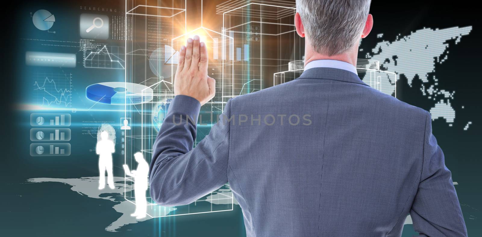 Rear view of businessman taking oath with fingers crossed against global technology background