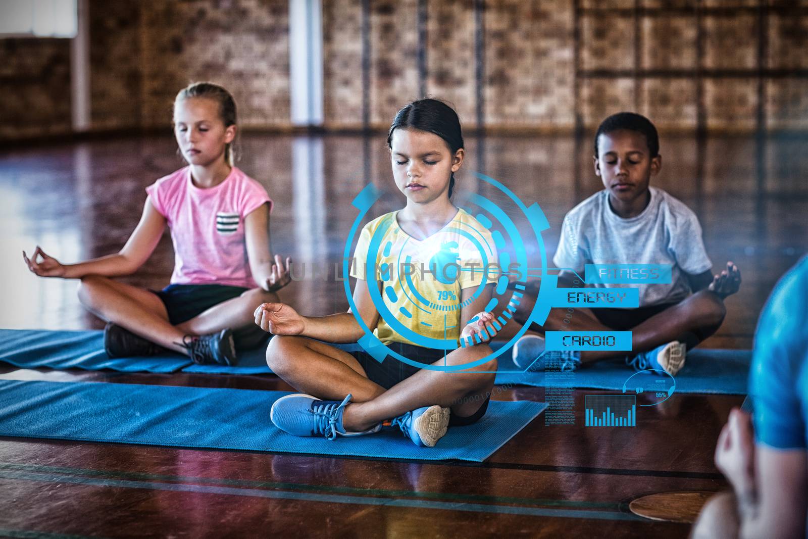 Fitness interface against school kids meditating during yoga class