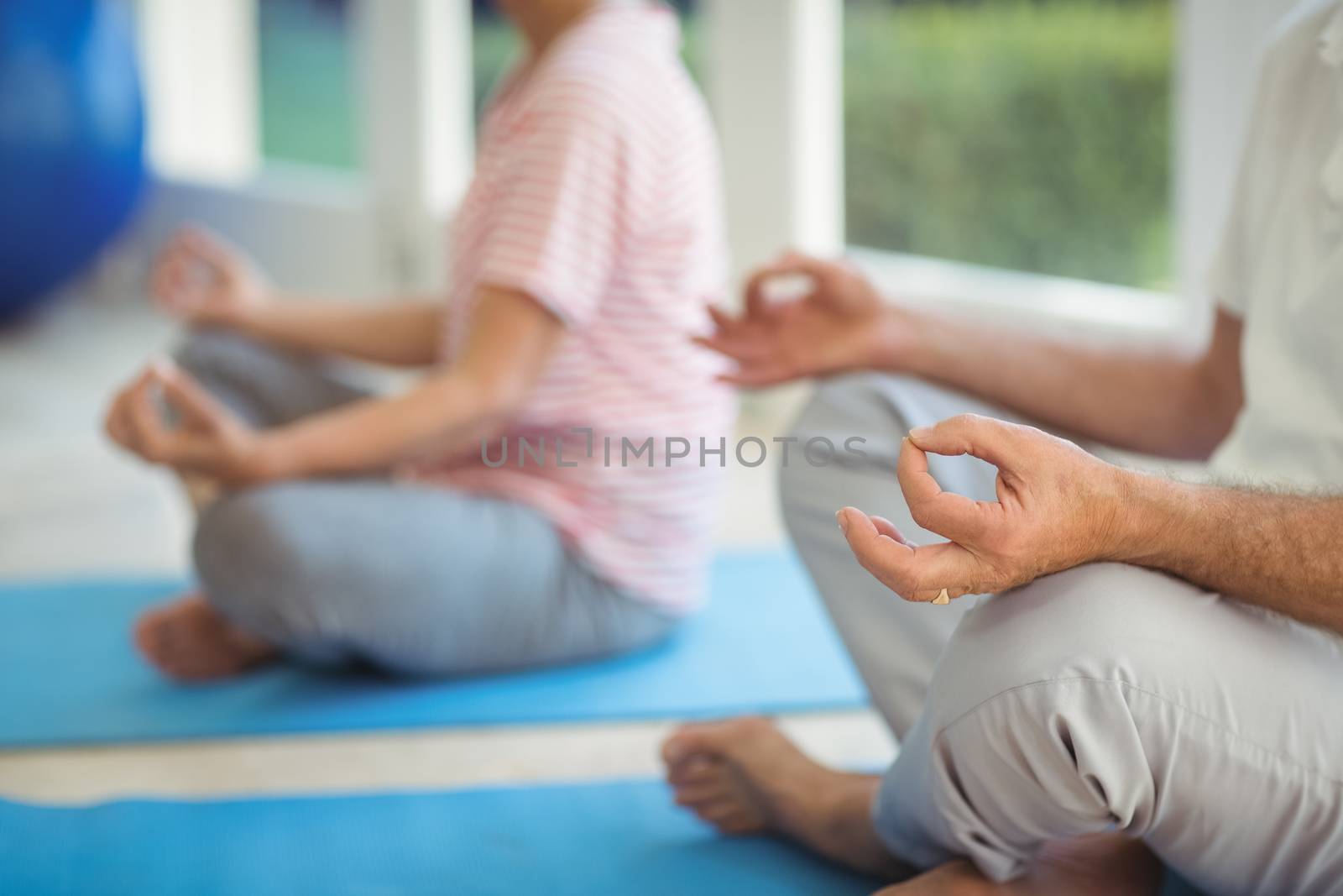 Mid-section of senior couple performing yoga on exercise mat by Wavebreakmedia