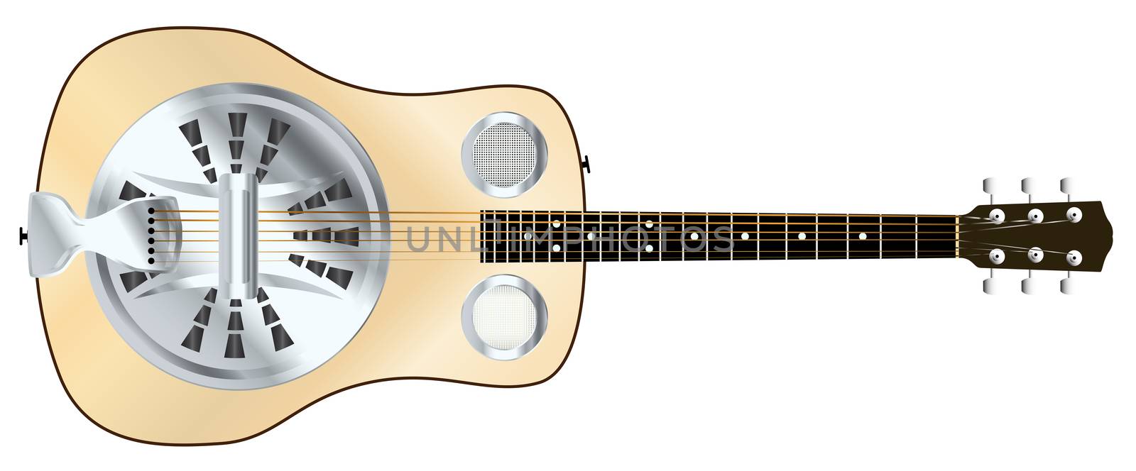 A typical metal resonator om a wood acoustic guitar isolated over a white background.