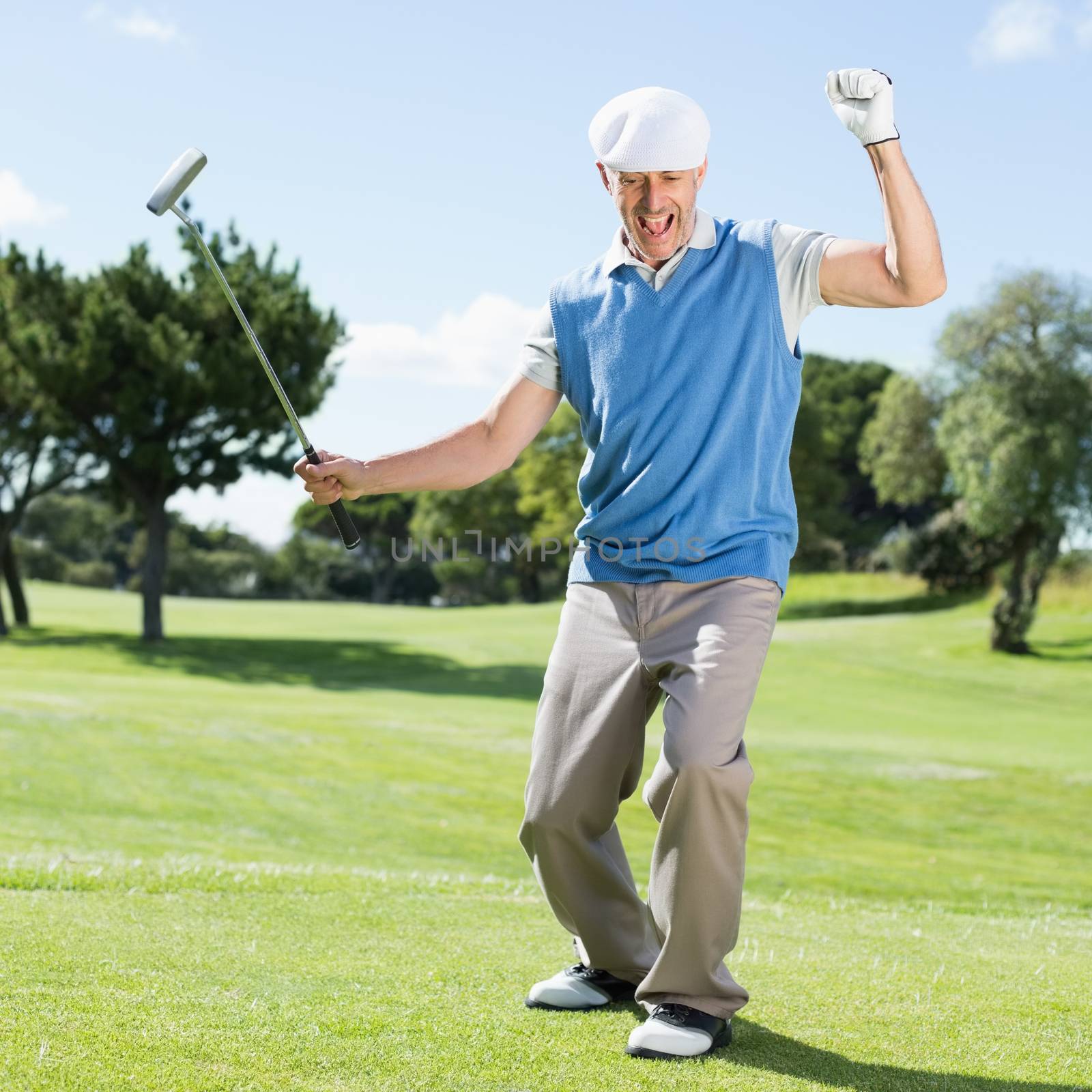 Excited golfer cheering on putting green by Wavebreakmedia