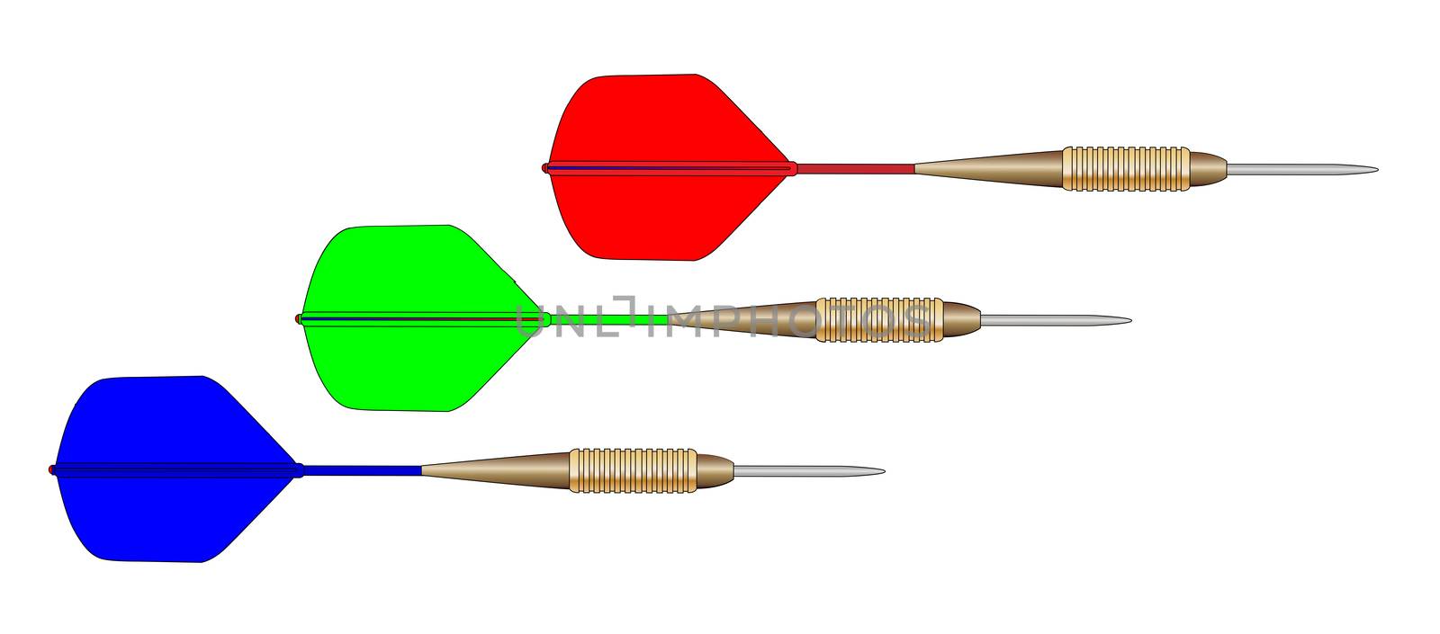 A set of 3 darts with flights in the RGB red green and blue colors set on a white background