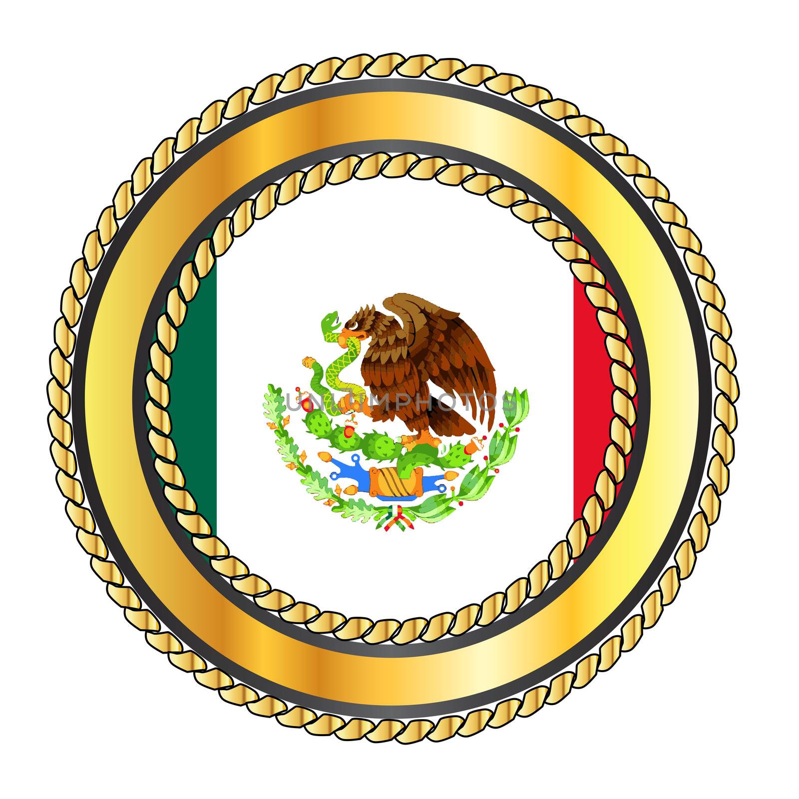 Mexico national flag button with a gold metal rope circular border over a white background