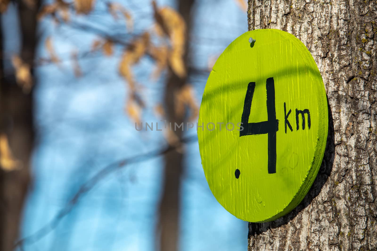 A trail marker nailed to a tree shows a distance of 4 kilometers traveled along a nature trail. The wooden sign is painted green and viewed close up, with nearly-bare trees out of focus behind it.