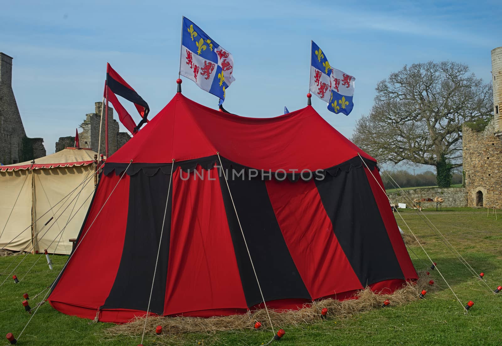 Medieval red and black war tent with normandy flags waving