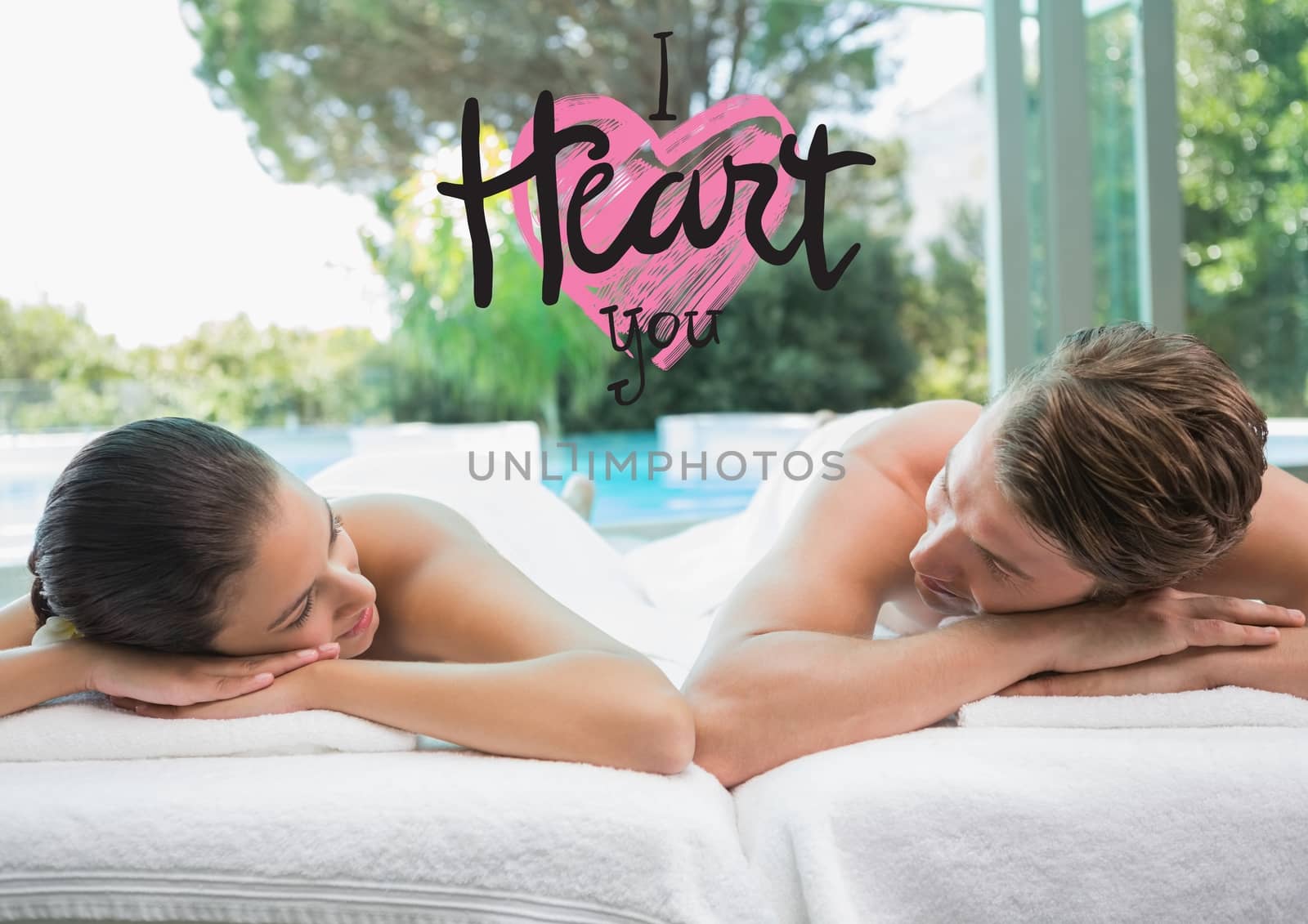 Composite image of love message and couple relaxing in spa after a beauty treatment
