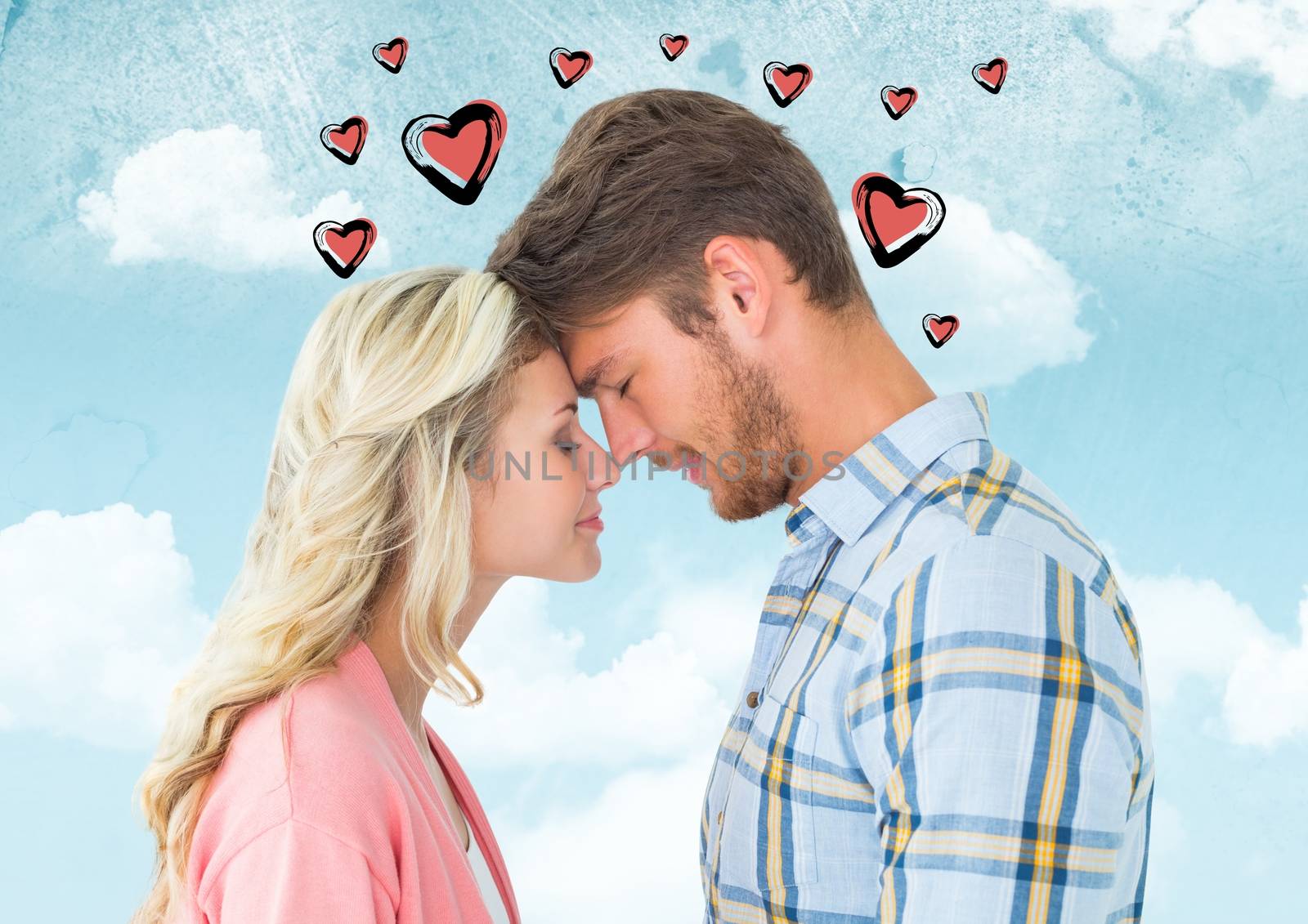 Composite image of romantic couple with heart embracing face to face