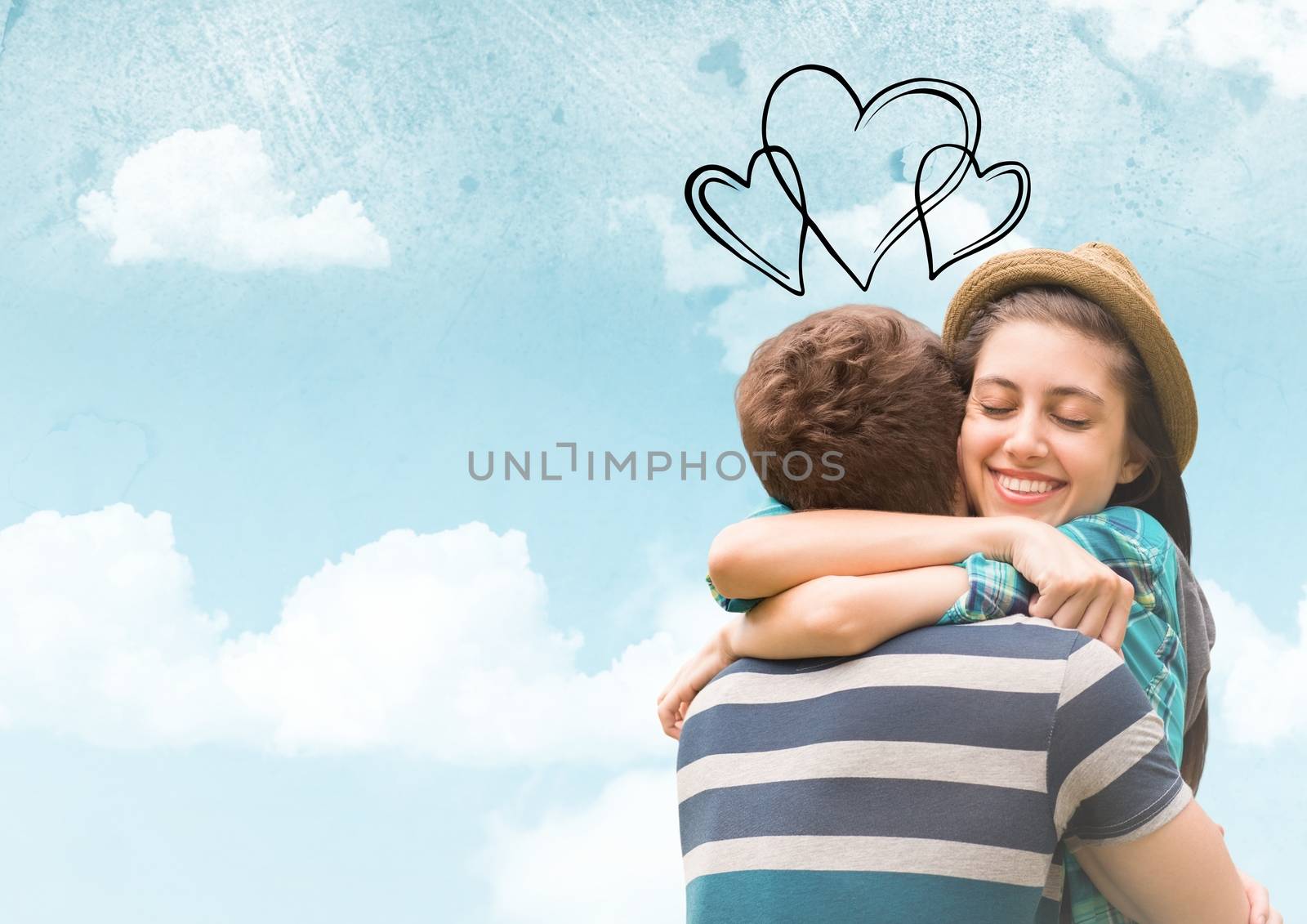 Romantic couple embracing each other with digitally generated heart