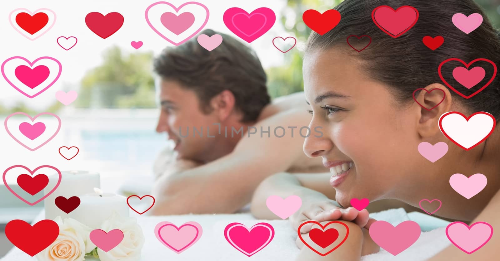 Composite image of couple relaxing together at spa center after a beauty treatment