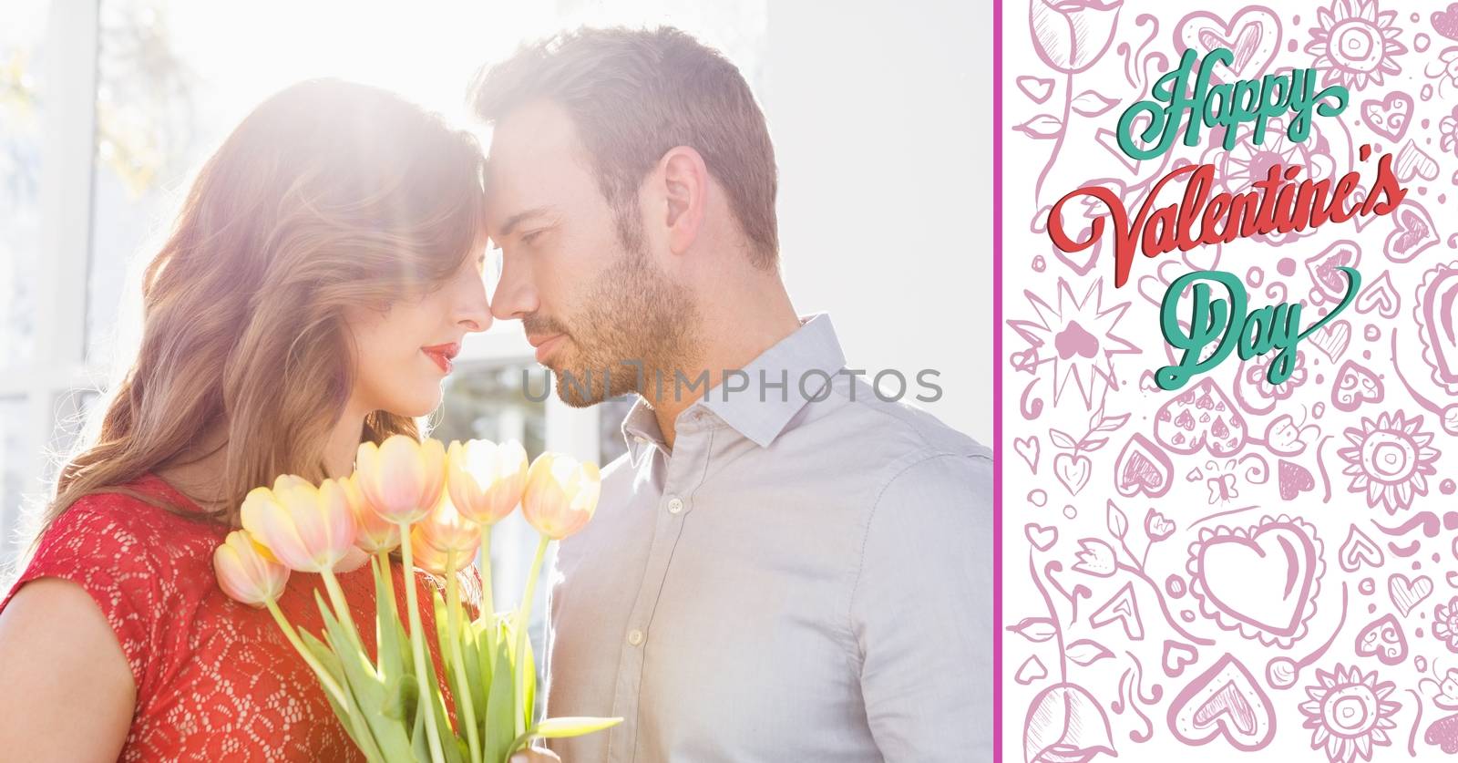 Composite image of romantic couple facing each other with valentines day text