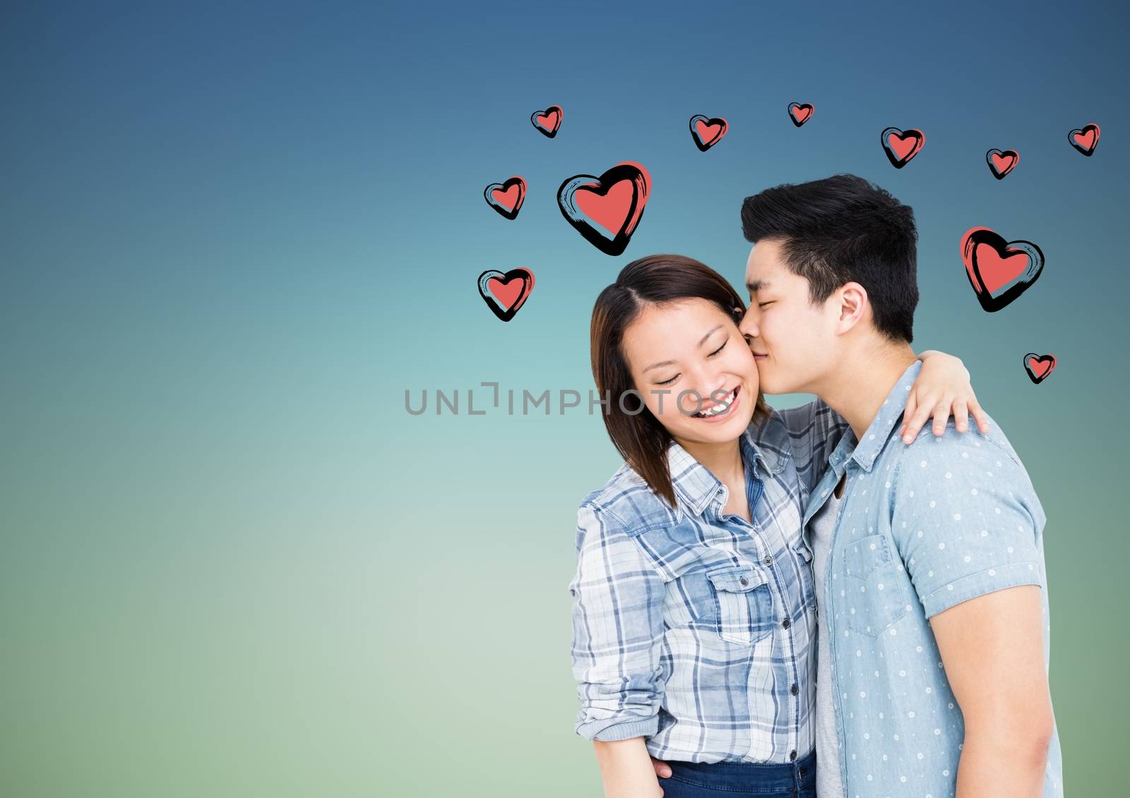 Romantic couple kissing against digitally generated background