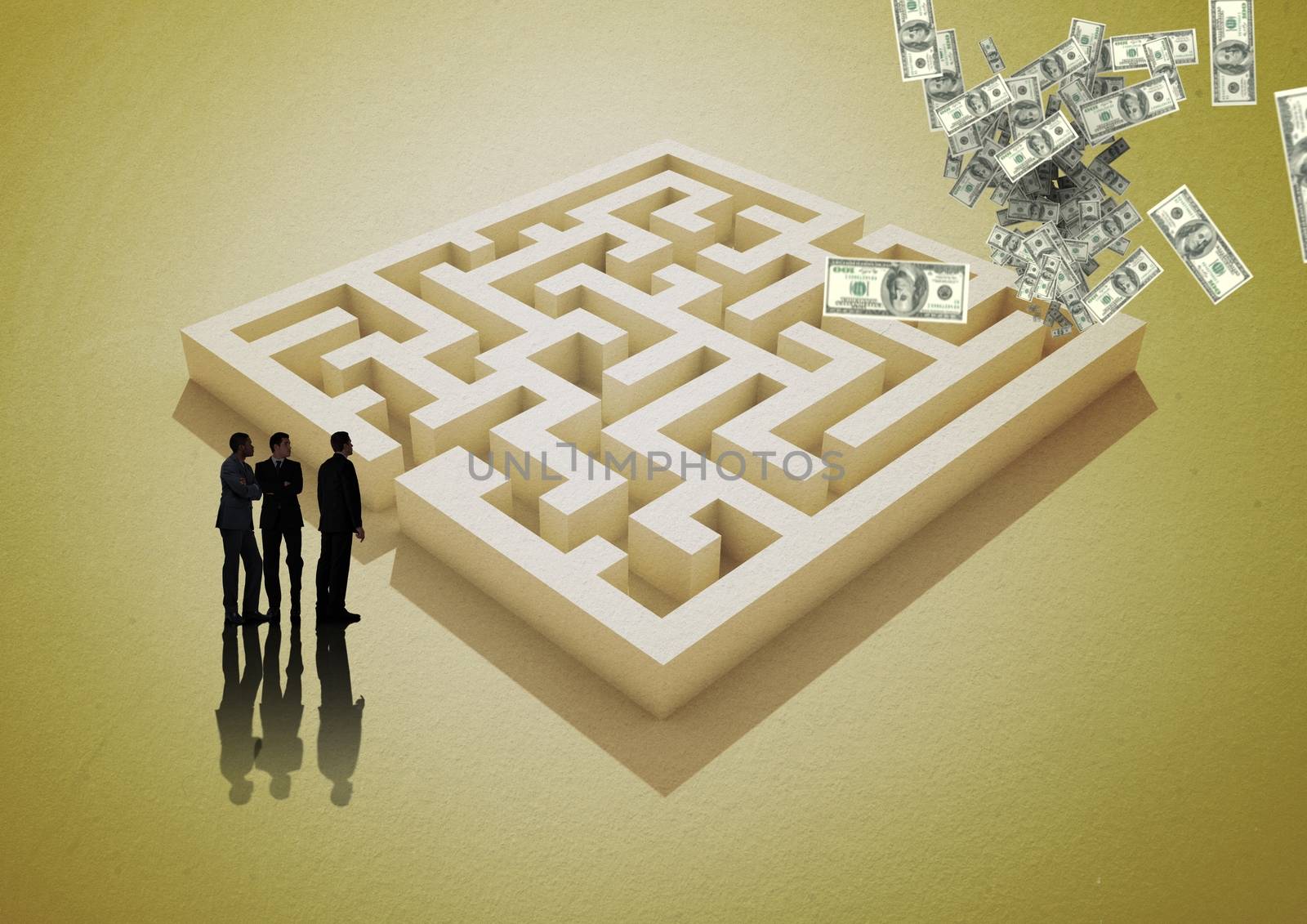 Business people looking at maze against digitally generated dollar background