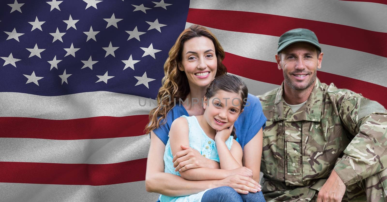 Soldier reunited with his family against american flag background
