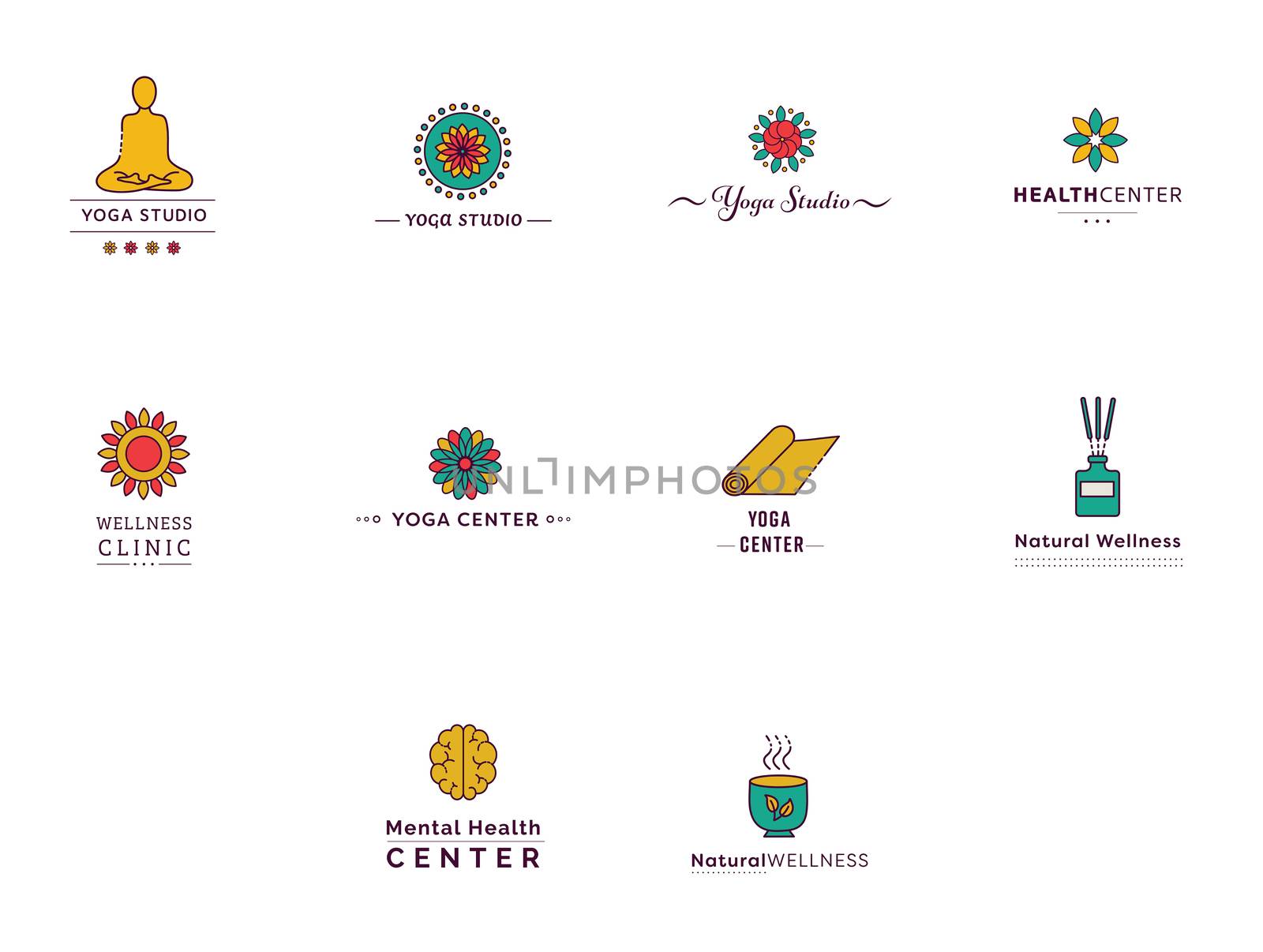 Various vectors icons of yoga and fitness centers against white background