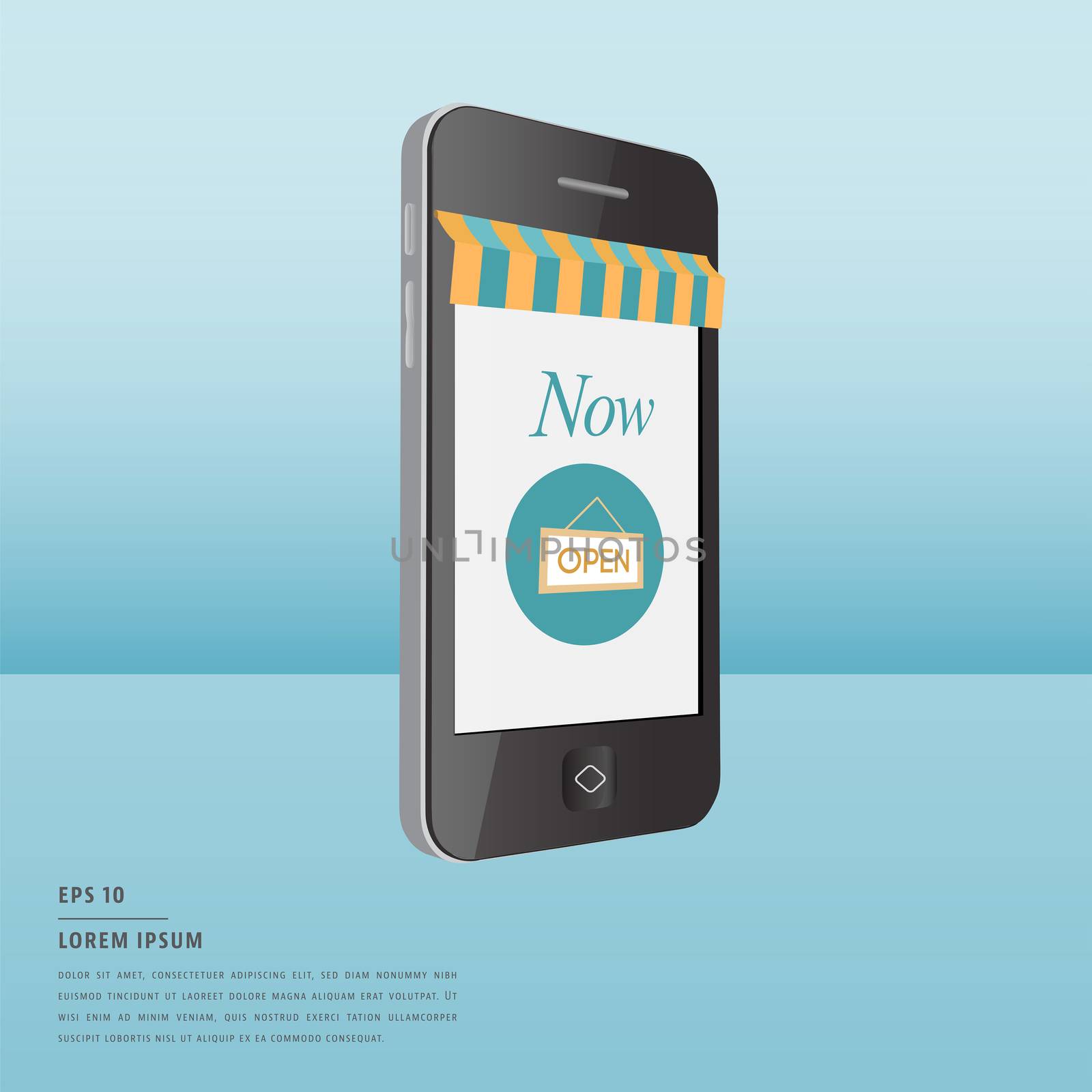 Vector of lorem ipsum text and online shopping symbol on smartphone screen on blue background