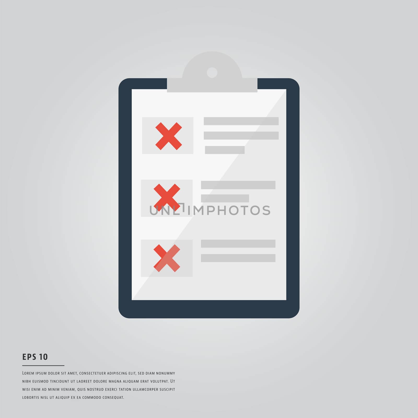 Vector of lorem ipsum text and clipboard with red cross signs