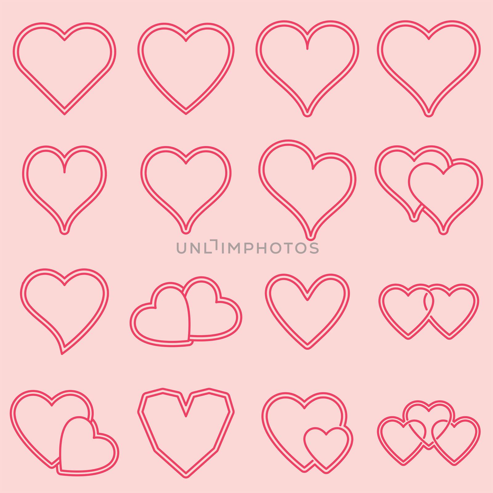 Vector icon set of various heart shapes on pink background