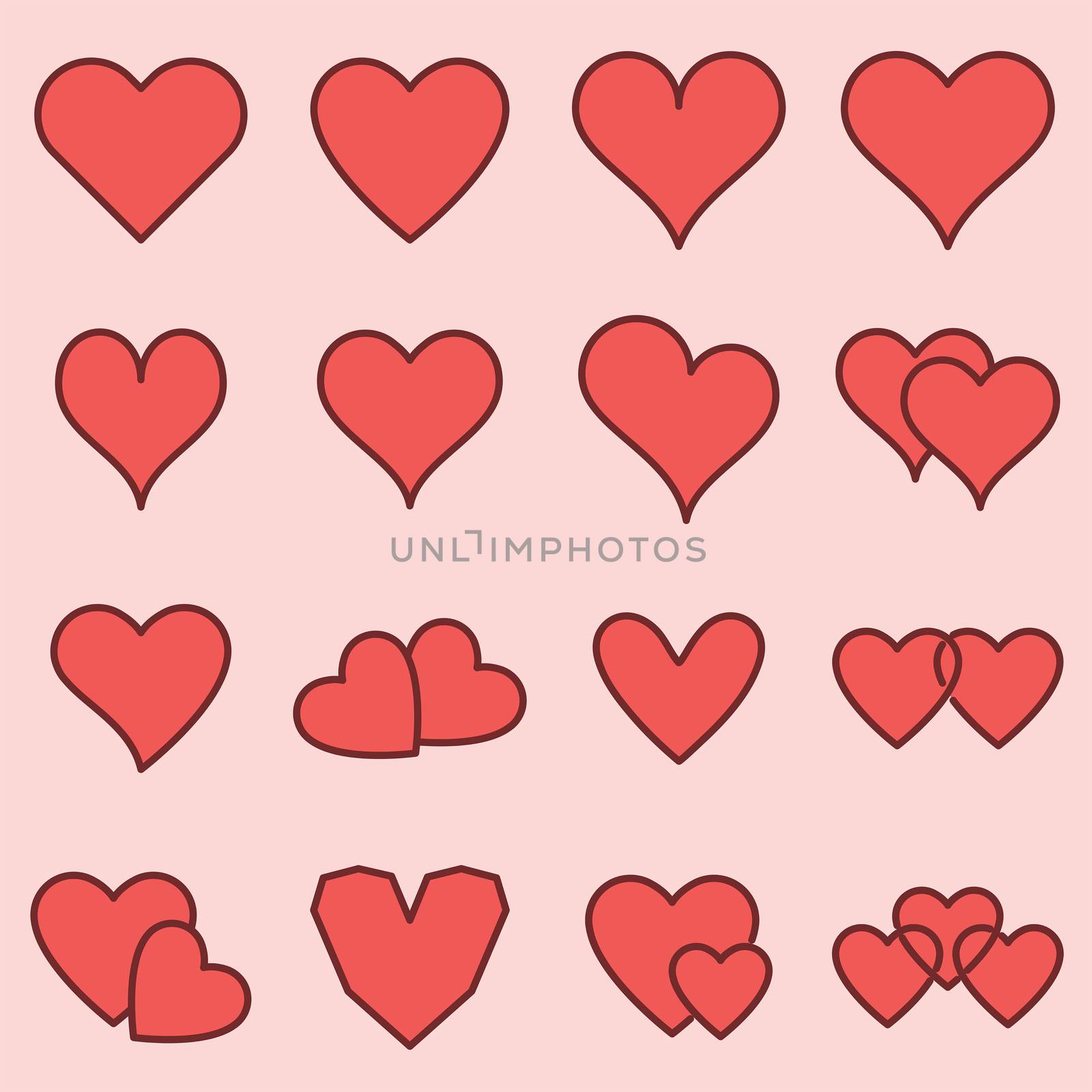 Vector icon set of various heart shapes on pink background