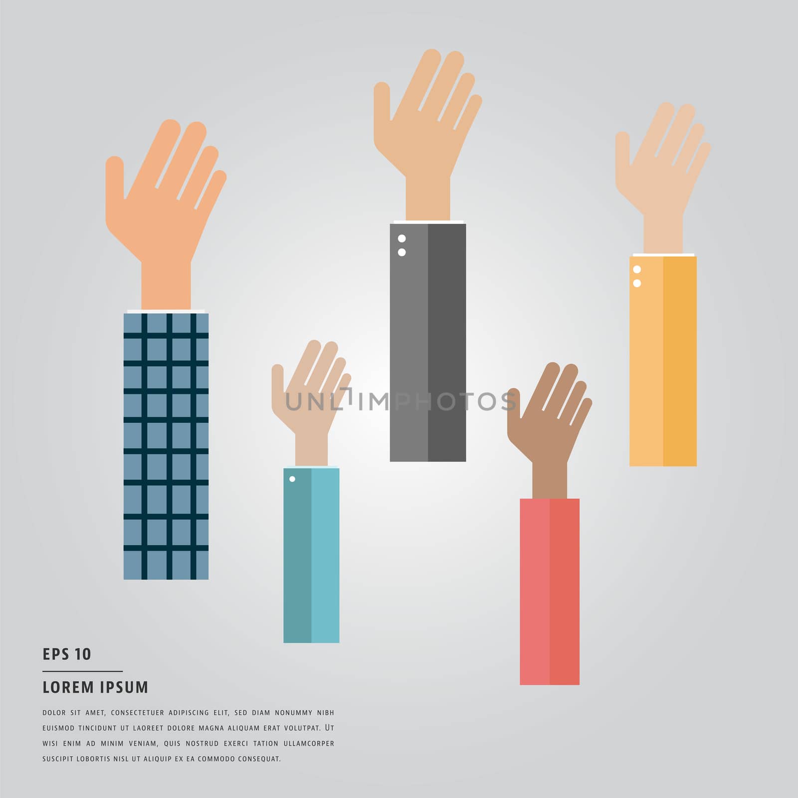 Vector of lorem ipsum text and raised hands of business professionals