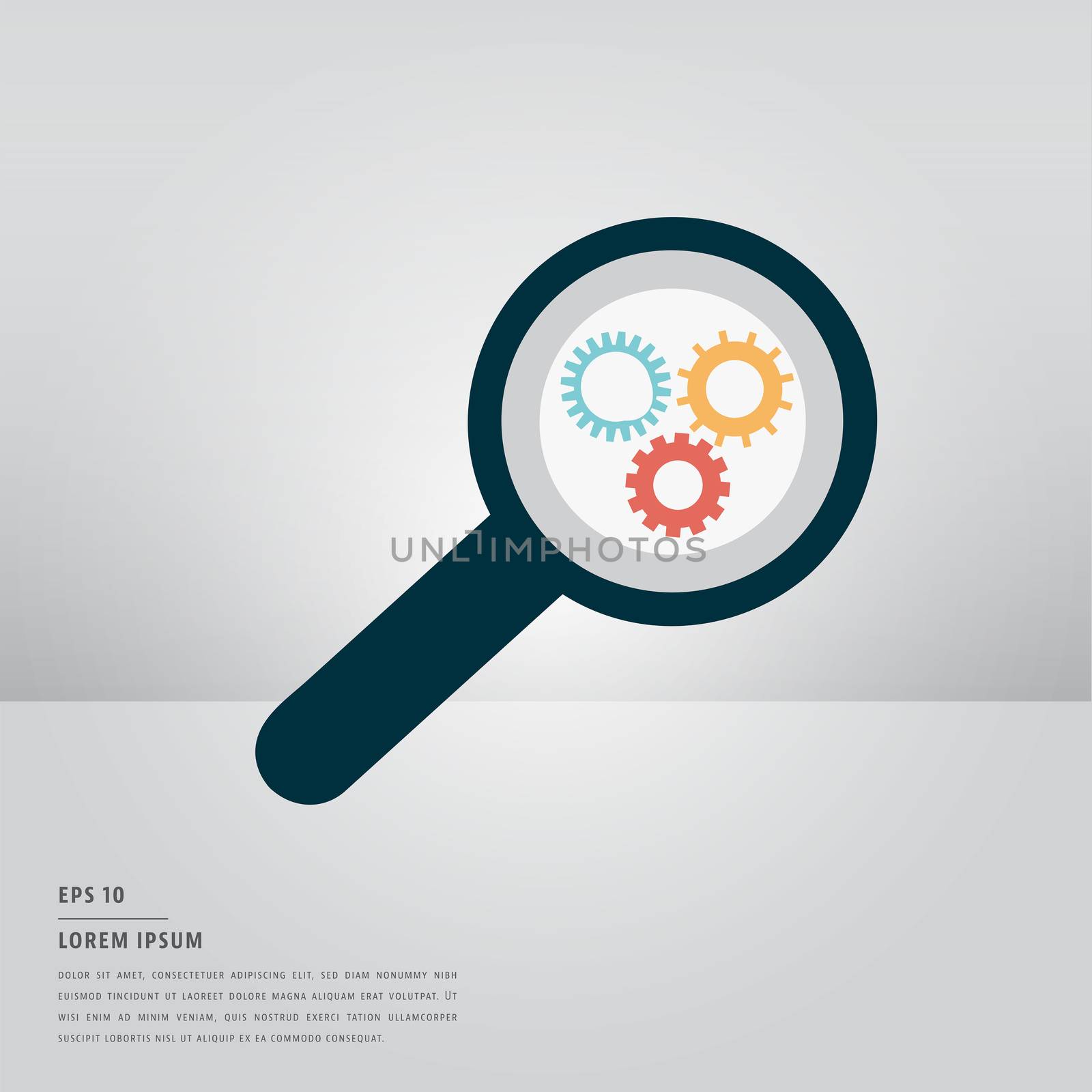 Vector of lorem ipsum text and smart phone with magnifying glass and gears icon on white background