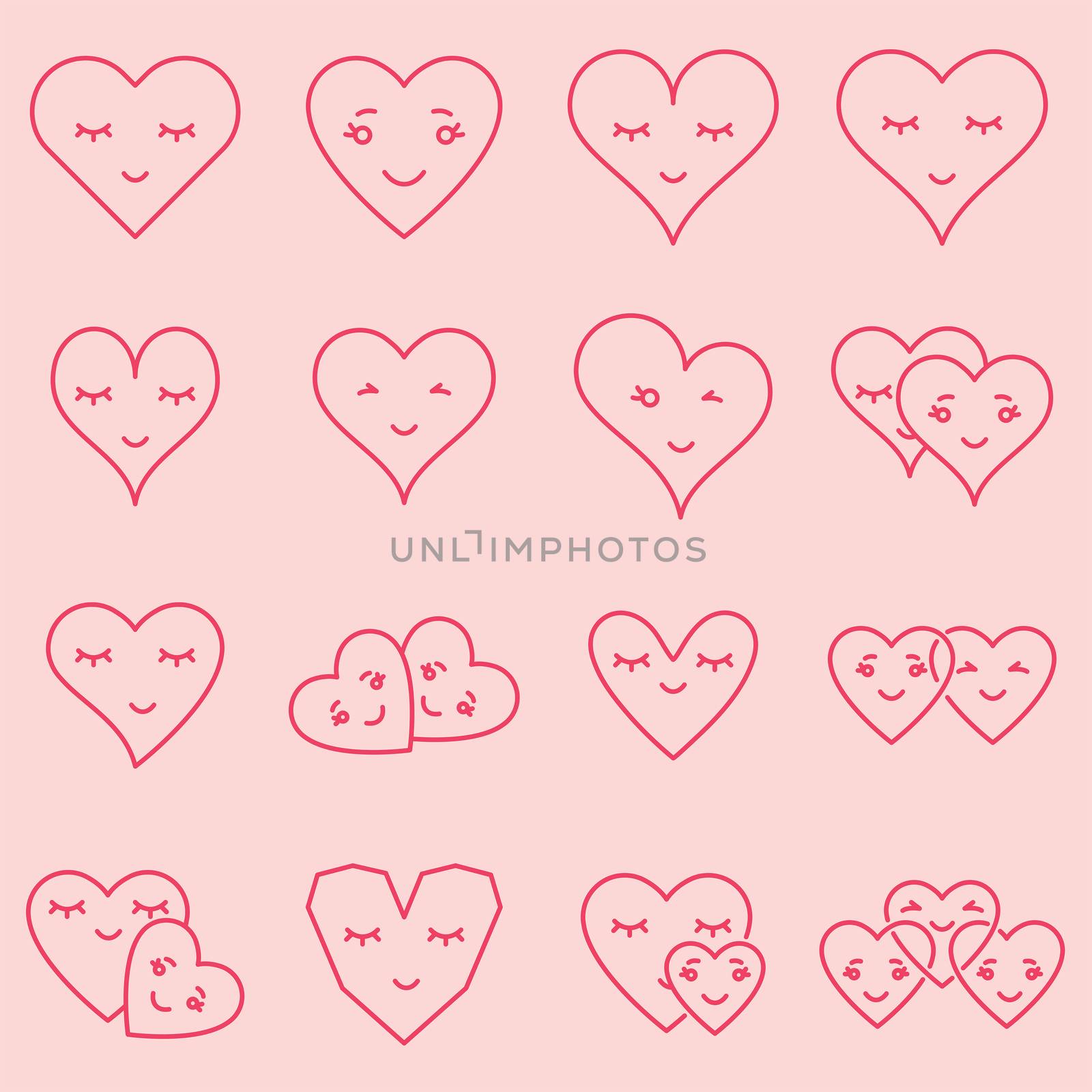 Vector icon set of various heart shapes on pink background