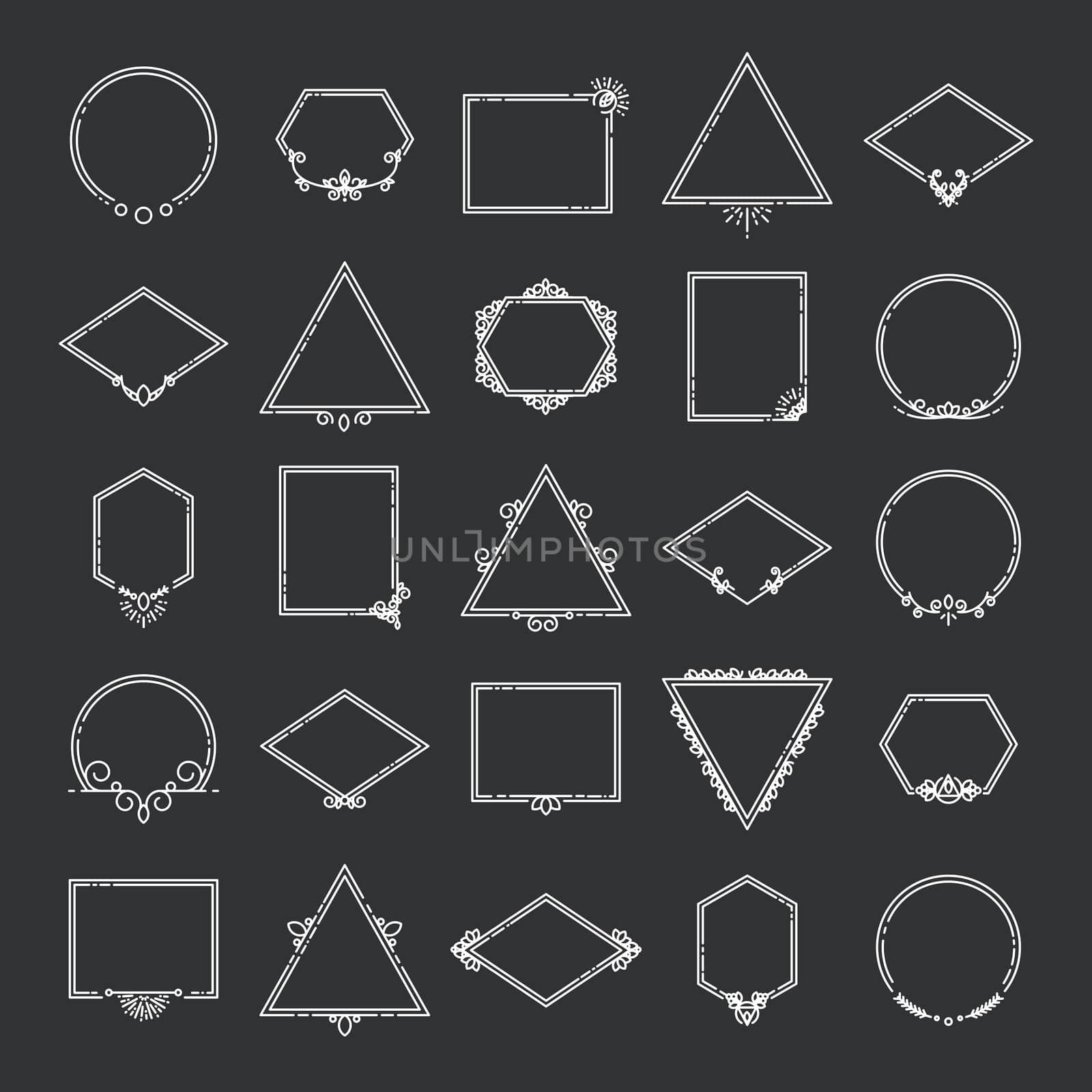 Vector set of various shapes of frames on black background