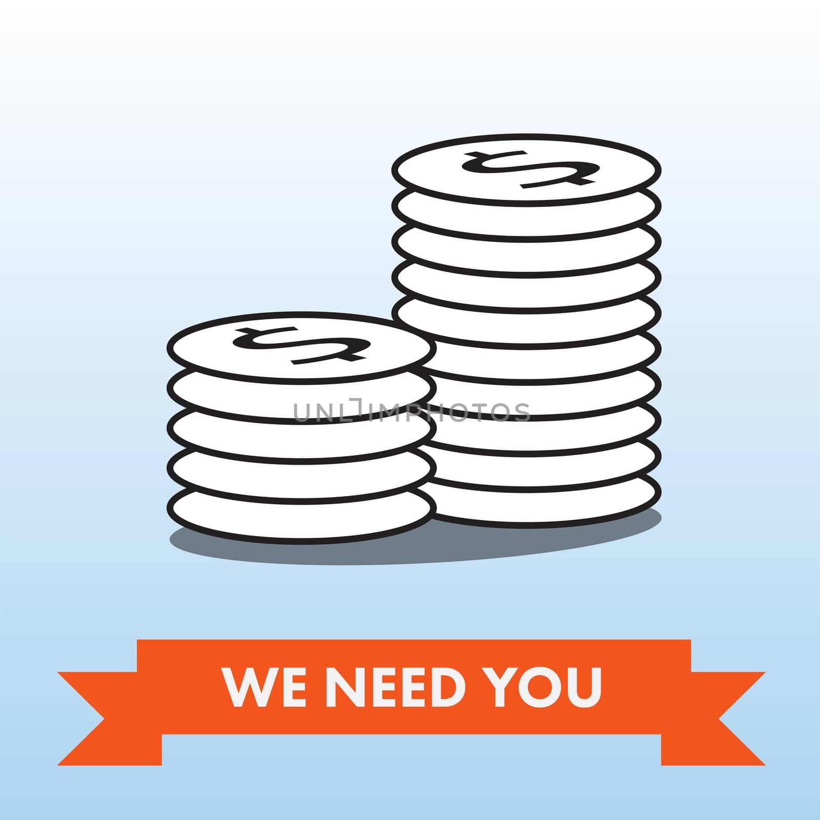 Vector image of dollar coin stack with text we need you against blue background