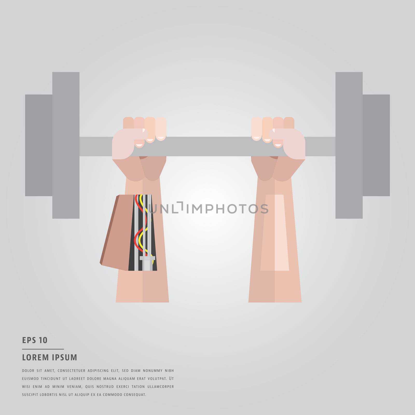 Vector of lorem ipsum text and hand holding barbell on white background