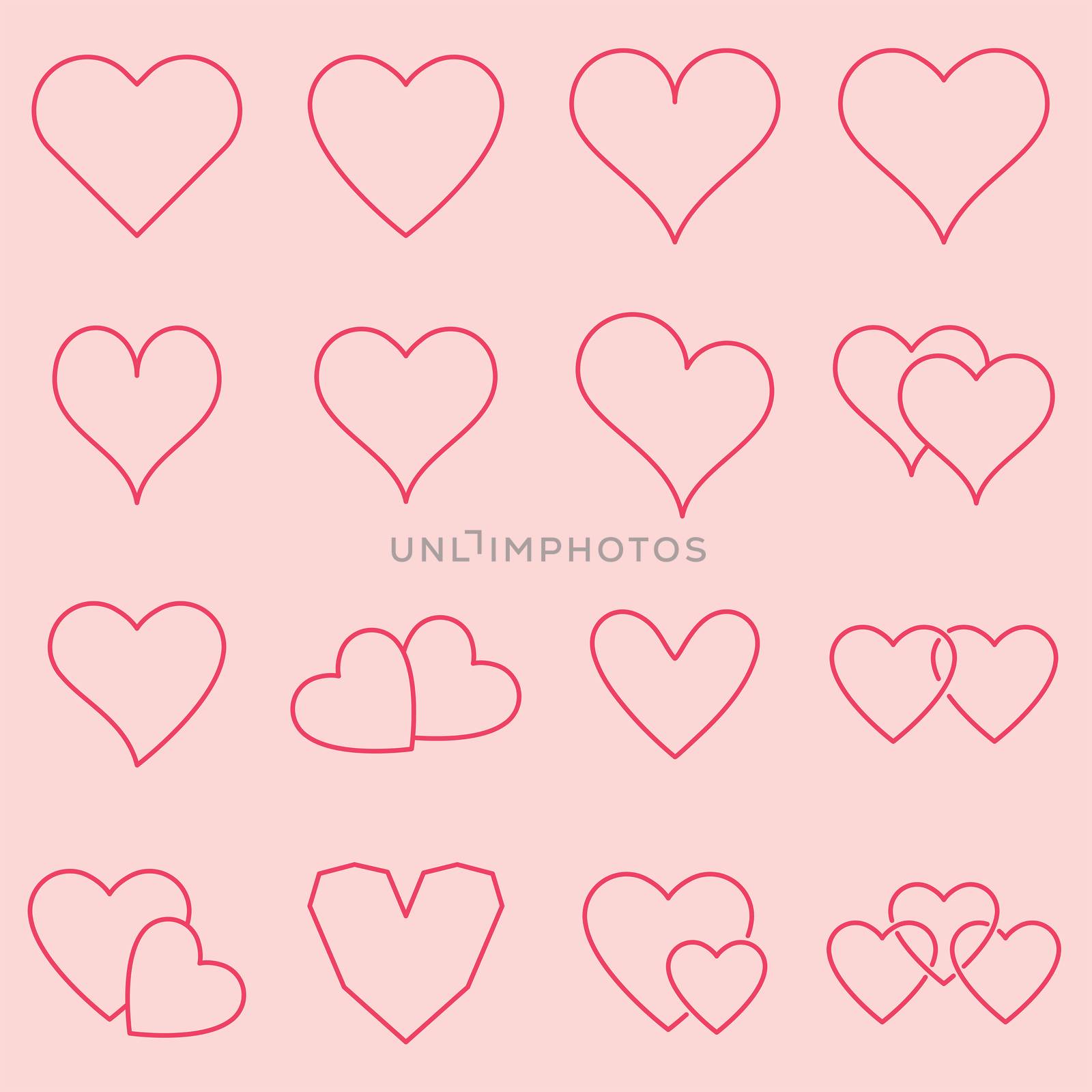 Vector icon set of various heart shapes on pink background