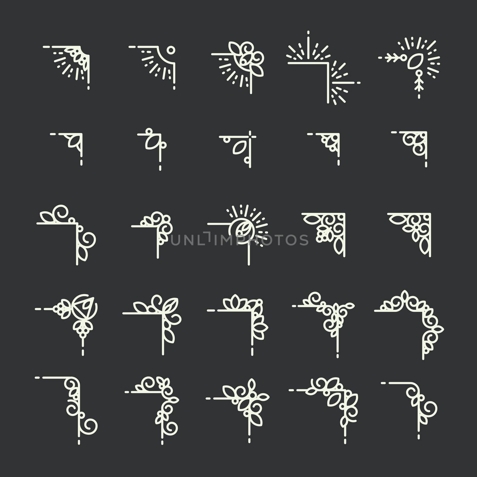 Vector icon set of frame corners against black background
