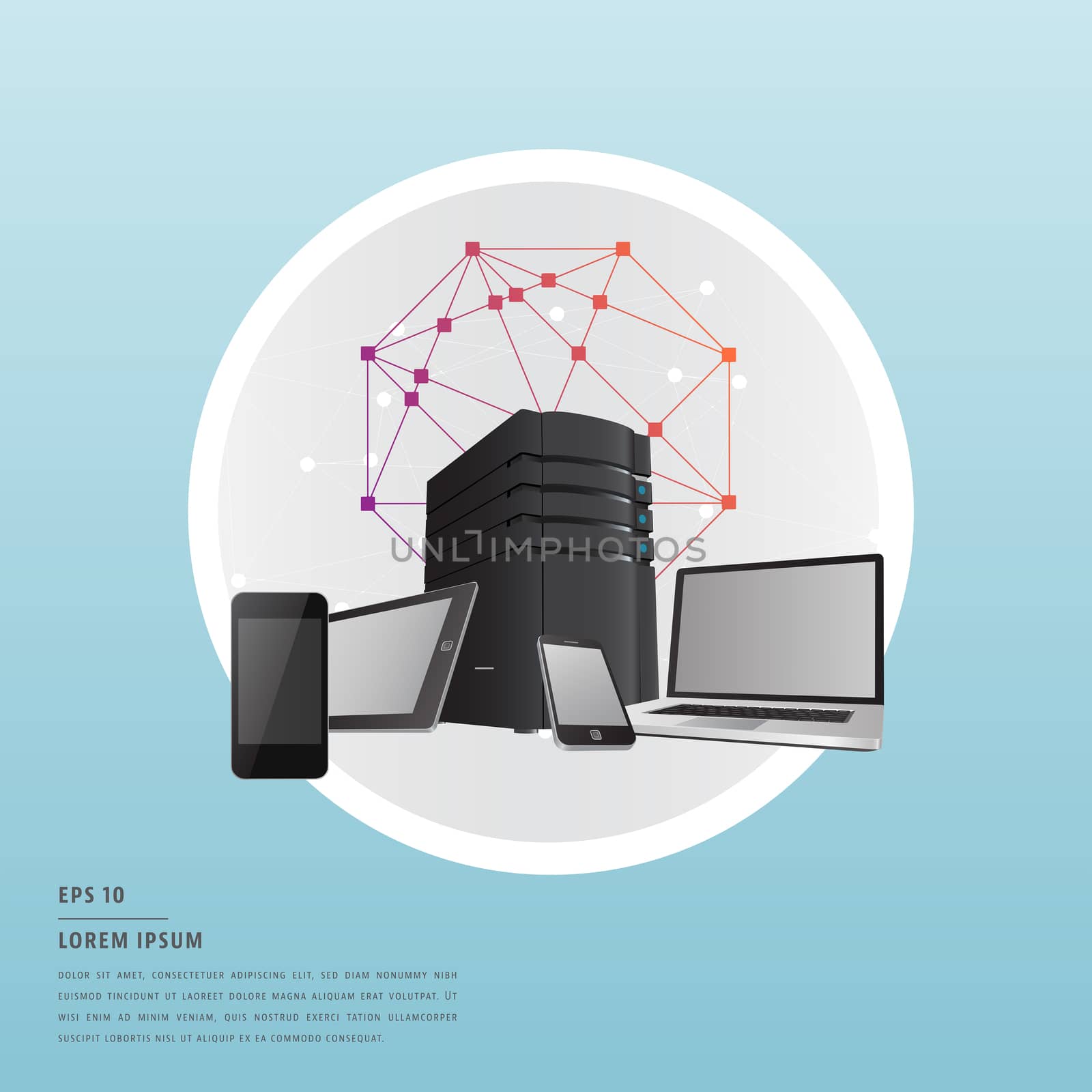 Vector of lorem ipsum text and electronic devices on blue background