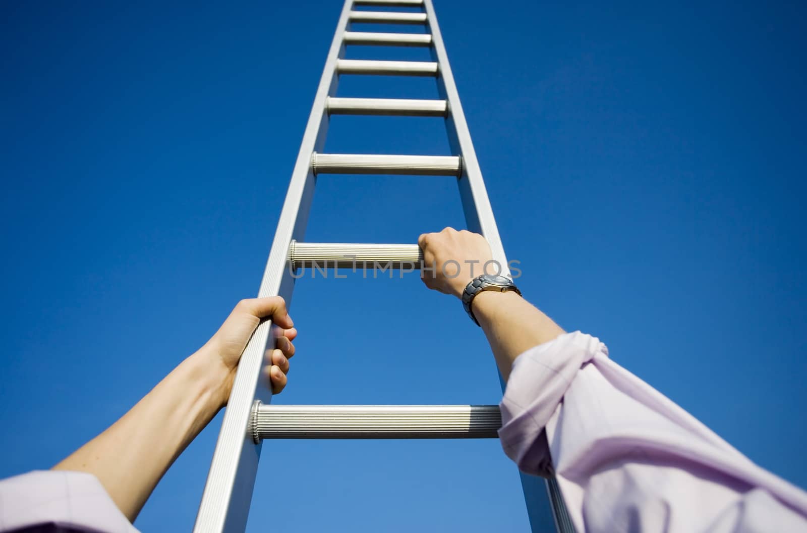 Personal perspective of a businessman climbing a ladder themes of point of view success motivation