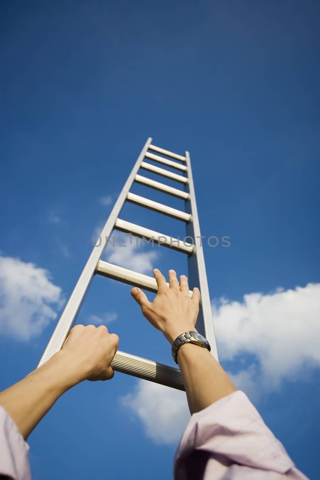 Personal perspective of a businessman climbing a ladder themes of point of view success motivation