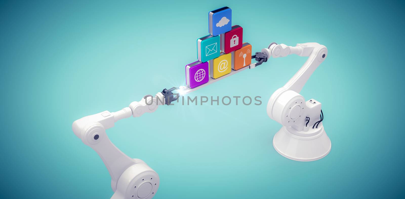 Robotic hands holding multi colored computer icons over white background against light blue background